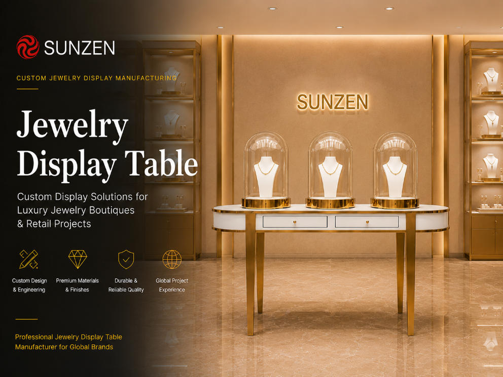 Custom luxury jewelry display table manufactured by SUNZEN for jewelry boutiques and VIP consultation areas